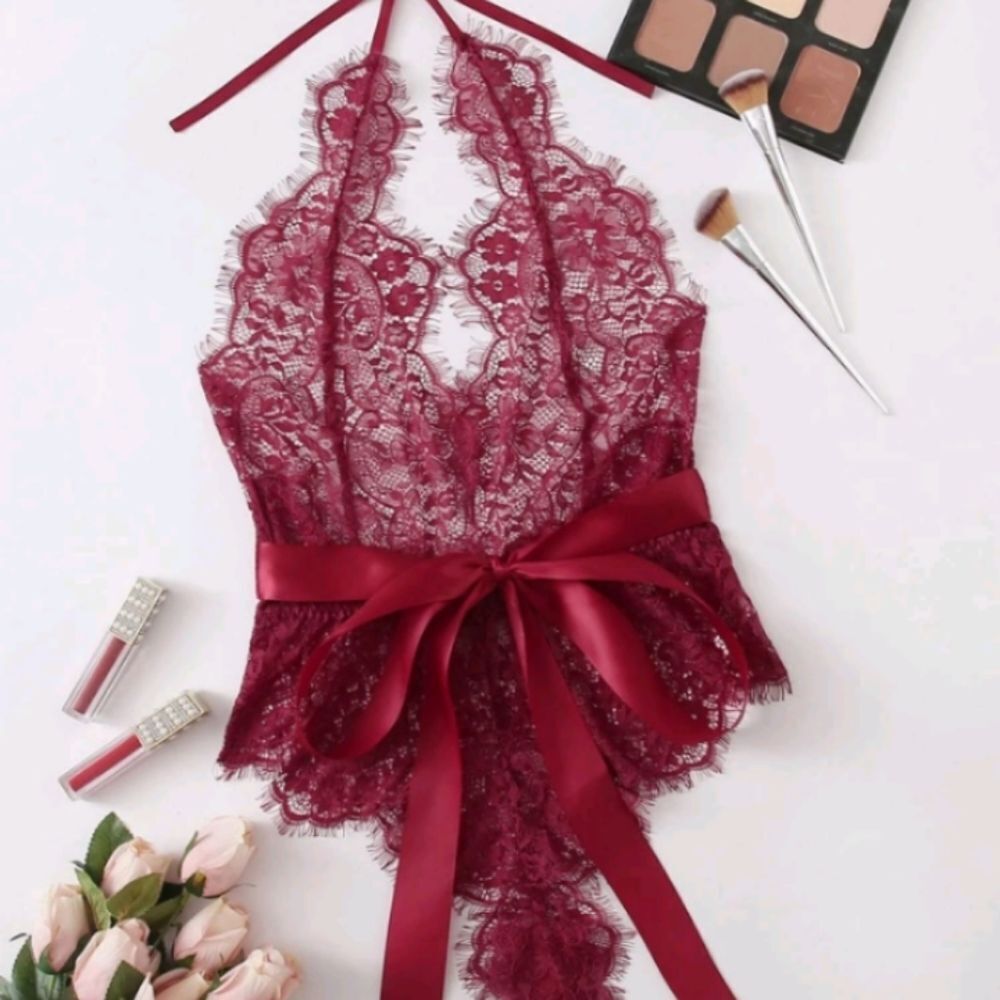 Sexy Burgundy Lace See Through Teddy